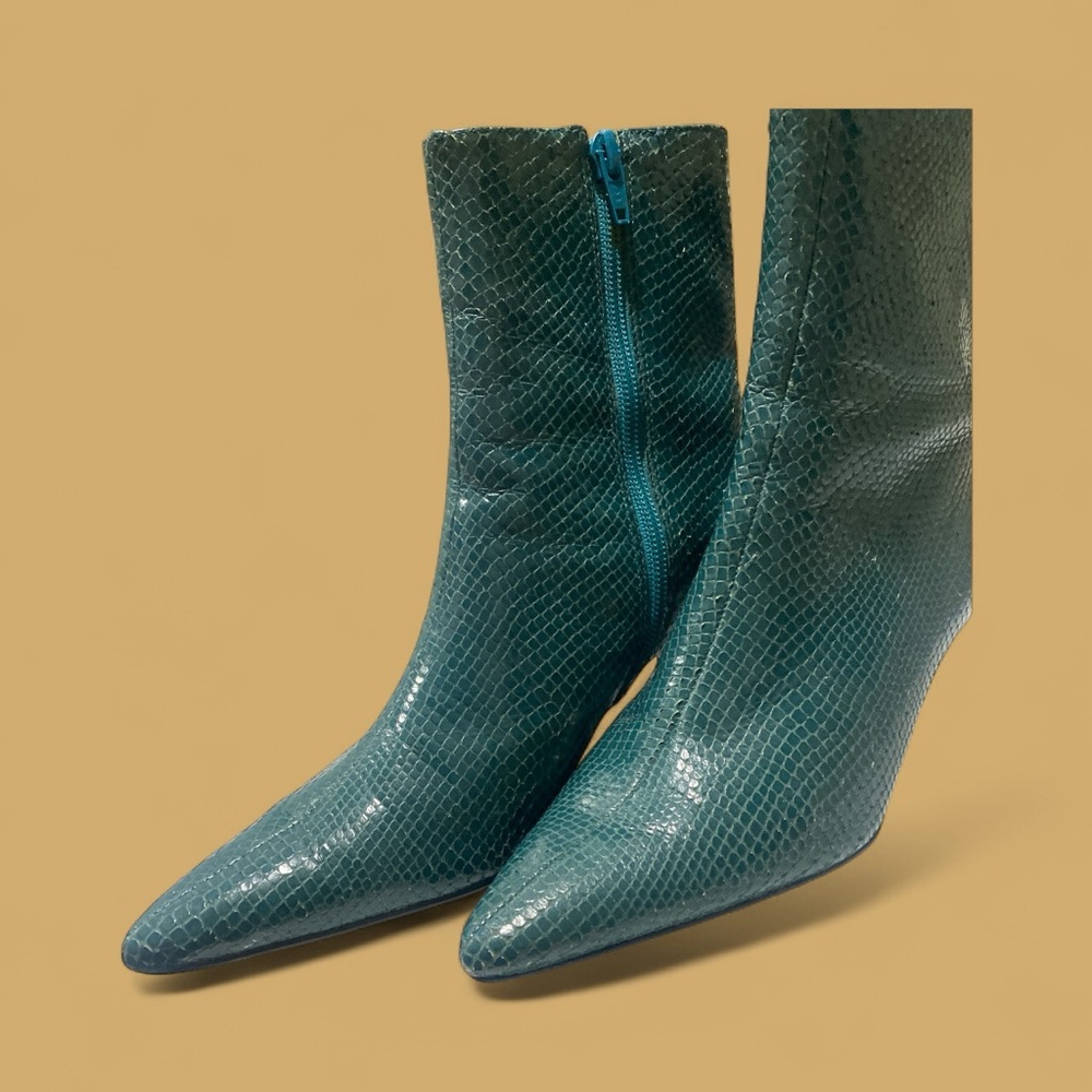 Authentic Gianni Bini Real Snakeskin Dark Aqua Pointed Toe Kitten Heel Boots9” - Picture 10 of 13